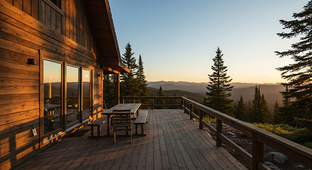 Cabin deck at sunset with mountain views offering rustic charm and a tranquil escape into nature.