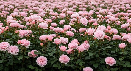 Field of beautiful pink roses in full bloom