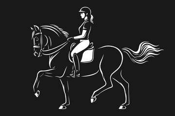 Fototapeta premium Stylized black and white drawing of a female rider on a horse, wearing a helmet and equestrian outfit on a dark background
