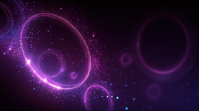 Purple abstract glowing light effect circles with sparkles on dark background. Abstract background for science, universe and cosmos, futuristic digital technologies, energy.