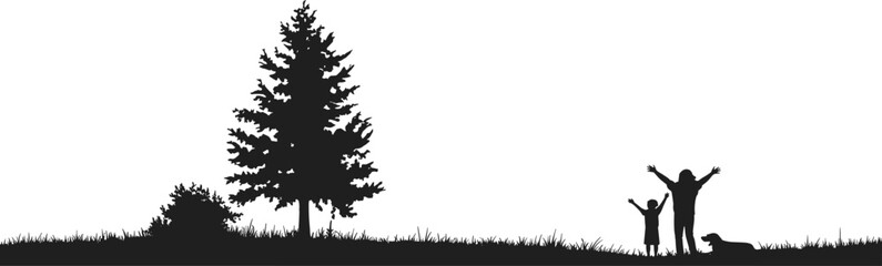 Silhouette of happy family with child and dog in nature, enjoying outdoors near pine tree and bush on grassy field