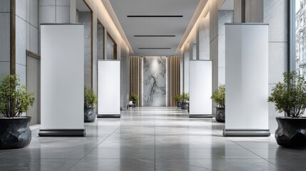 Pull up banner mockup stands in the elegant building hallway. Blank roll up poster for advertising or marketing message in modern interior