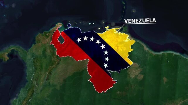 Zoom from Earth to Venezuela. (Country Flag) World map animation with highlighted country borders. Satellite 3d world map animation highlights aerial views, tourism, and travel. 4k