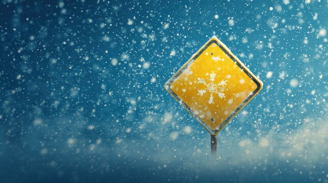Bright yellow sign warns of blizzard conditions against a sparkling blue background, symbolizing severe winter weather alerts.
