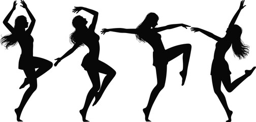 Vector silhouettes of four women dancing gracefully in energetic poses, perfect for dance, art, music, fitness, and lifestyle designs