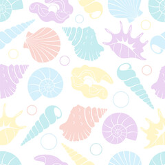 Multi colored seashells silhouettes seamless pattern of pastel yellow, purple, light blue colors. Gentle baby and kid print. Vector illustration, endless background for fabric and wallpaper design.