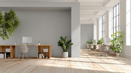 Blank light grey wall in sunny open space office with wooden floor and eco style furniture. Mockup. 3D rendering, no logos, no brands