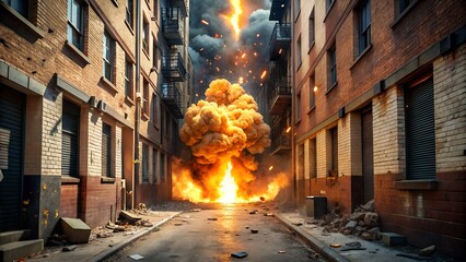 Powerful Explosion in Urban Alleyway with Bricks and Debris Flying