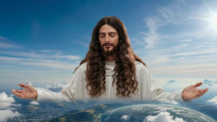 Spiritual figure in serene landscape offering guidance and hope to viewers in an uplifting environment