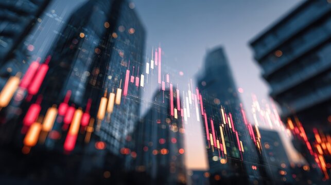 Real estate investing concept with digital stock market candlestick on business skyscrapers background. Double exposure, no logos, no brands