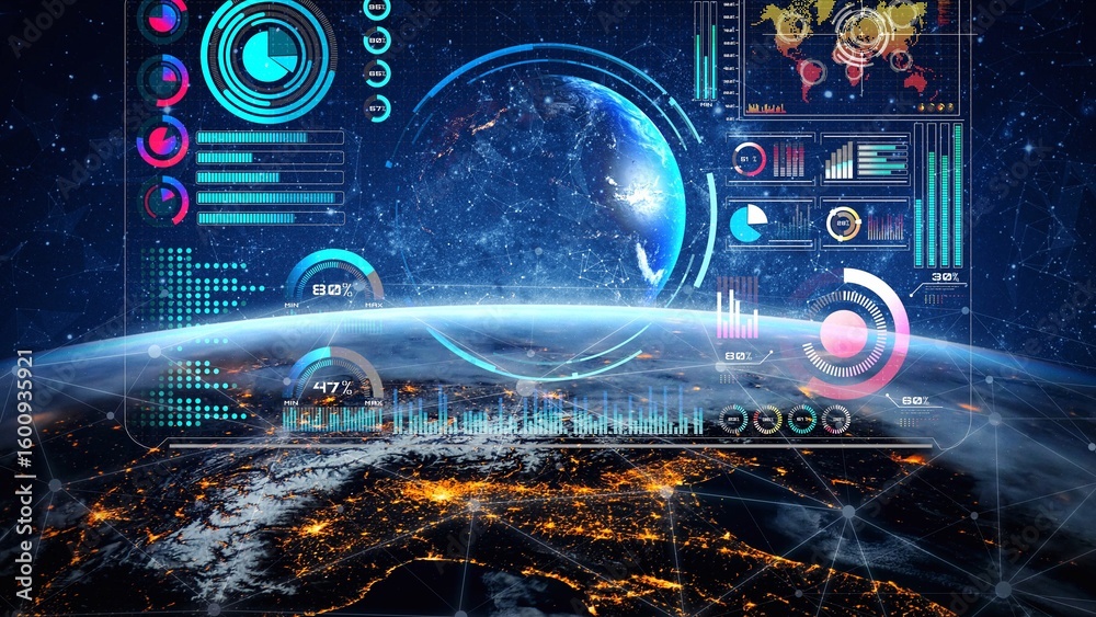 Poster high-tech global network connection interface showing worldwide digital communication, data exchange