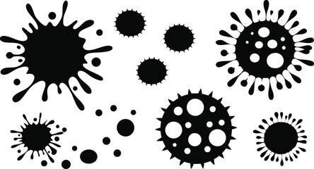 Black ink splatters and spiky virus shapes on white background ink blot ink splash