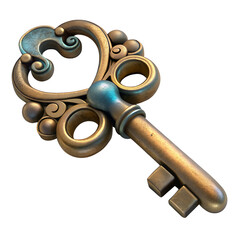 3D Antique Vintage Ornate Bronze and Copper Key Medieval Fantasy 3D Digital Art on transparent background