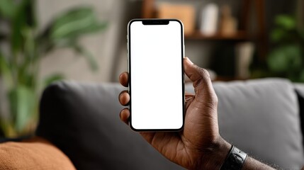 African american man holding smart phone with mockup white blank display, empty screen for app ads sitting on couch at home. Mobile applications technology concept, over shoulder close up view., no l