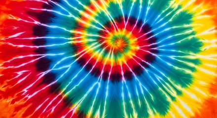 Tie-dye textile with swirling rainbow colors, decorative background with burst design and radial symmetry.