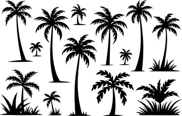 Desert & Tropical Plant Silhouette Set – Cactus, Palm Tree, and Succulent Icons vector bundle