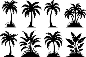 Desert & Tropical Plant Silhouette Set – Cactus, Palm Tree, and Succulent Icons vector bundle