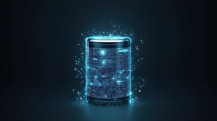 A glowing digital smart speaker emitting holographic light particles, symbolizing advanced AI technology and futuristic home automation.