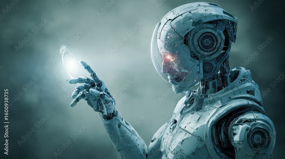 Aufkleber design of a smart humanoid robot with artificial intelligence touching a hologram digital interface 