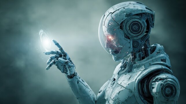 Design of a smart humanoid robot with artificial intelligence touching a hologram digital interface screen background wallpaper AI generated image