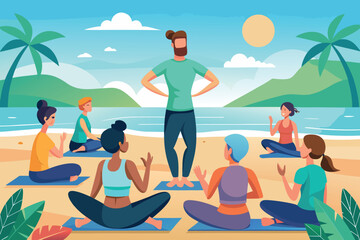 Group yoga session on the beach at sunset promoting relaxation and mindfulness