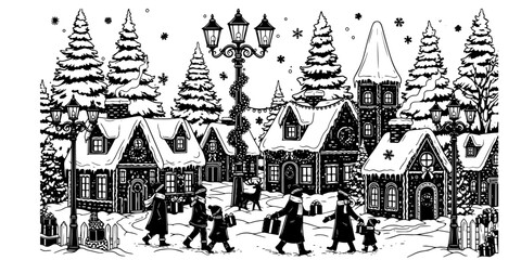 Naklejka premium Cozy Christmas Winter Village Scene Illustration, Black and White Festive Holiday Town with Shoppers, Detailed Snowy Christmas Village Line Art, Classic Winter Wonderland Scene with People.