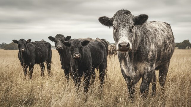Grazing beef cows and calfs south west Victoria Australia eating hay and silage breeds specked park murray grey angus brangus copy space image
