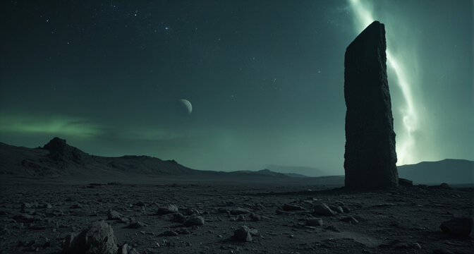 Digital artwork of an alien landscape featuring a tall, dark rectangular monolith on the right side, under a starry sky with a crescent moon and glowing aurora; rocky terrain with craters in dark gree