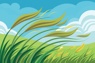 Obraz premium Lush green grass swaying gently under a vibrant blue sky on a sunny day in the countryside