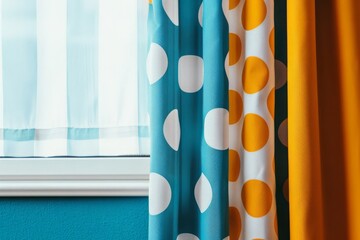 Colorful curtains adorned with polka dots and a contrasting sheer fabric brighten a cozy room environment.