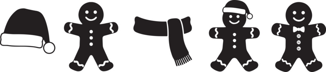 Black silhouette Christmas icons gingerbread man Santa hat scarf, christmas, gingerbread man, santa hat, scarf, holiday, winter, icon, silhouette, black and white, festive, celebration, cookie, sweet,