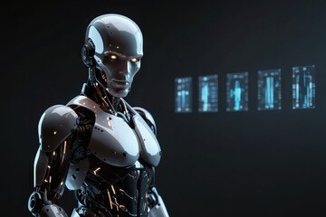 Naklejka premium Futuristic humanoid robot with glowing eyes and data screens on a dark background posing for the camera