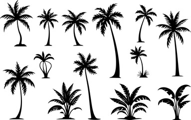 Obraz premium Desert & Tropical Plant Silhouette Set – Cactus, Palm Tree, and Succulent Icons vector bundle