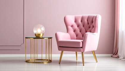 A modern pink leather chair beside a glass table with a single glowing orb, set 