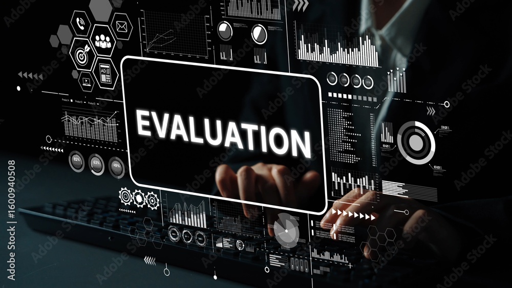 Poster modern digital evaluation process with data visualization and analysis tools in a business environme