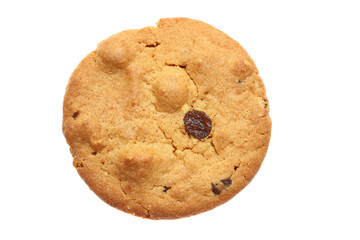 a cookie with raisins on it on a white surface
