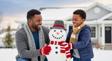 Happy father and son decorating a snowman with a scarf and hat in a snowy yard. Perfect for family bonding and winter holiday themes.