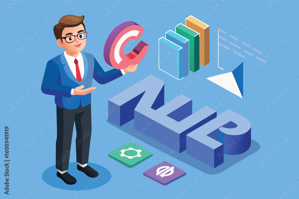 Poster professional man presents concepts of natural language processing in business setting with charts an