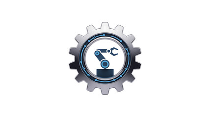 Obraz premium Automation Industry Concept Featuring Robotic Arm Inside a Gear on a Black Background Symbolizing Industrial Technology and Artificial Intelligence Solutions