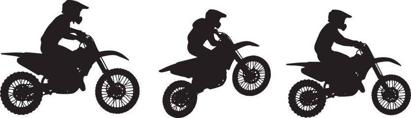 Fototapeta premium Black silhouette of three motocross riders on dirt bikes, motocross, dirt bike, rider, silhouette, black and white, sport, extreme sport, motorcycle, racing, action, speed, off-road, competition, vehi