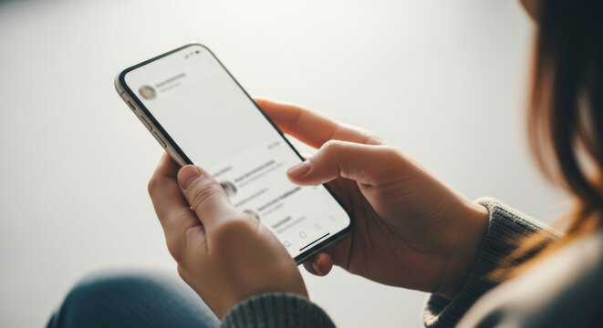 Close-up of a person's hands holding a modern smartphone with a messenger interface displayed on the screen, actively typing or scrolling through messages.