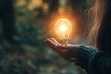 A person stands in a serene forest, gently holding a glowing lightbulb in one hand. The warm light radiates, symbolizing creativity and energy while surrounded by natural beauty