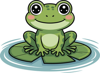 Cute cartoon frog vector illustration, adorable green amphibian on lily pad for kids and nature art

