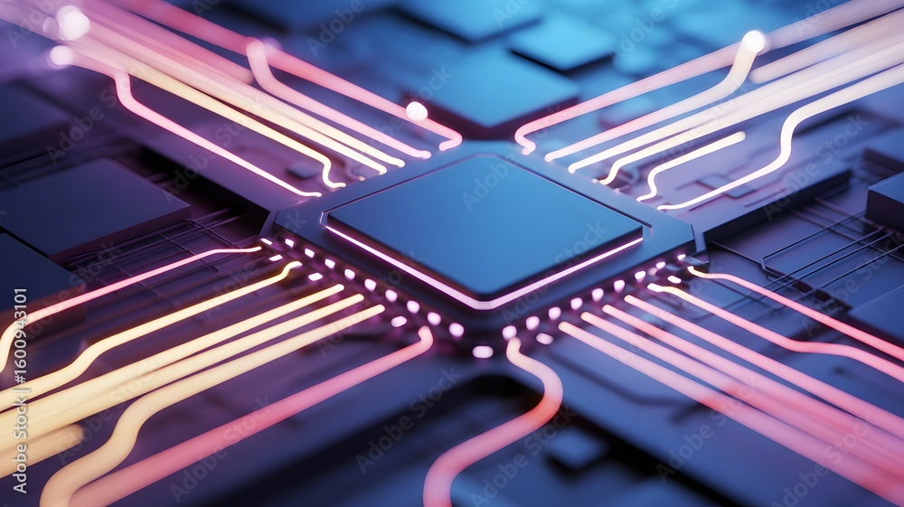 Poster abstract technology concept close up of a modern microchip with glowing connections representing art