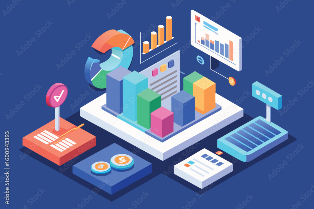 Poster data visualization showcases engagement metrics and performance trends through colorful graphs and c