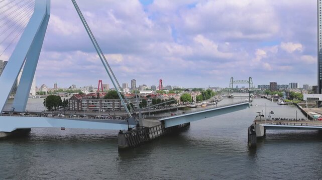 Panoramic view of Erasmus Erasmusbrug bridge in Rotterdam. Financial business district skyline