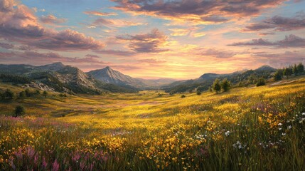 Beautiful golden sunset over a blooming wildflower field in springtime with vibrant colors and mountains in the background