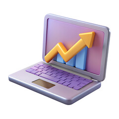 3D Laptop with Growth Chart and Up Arrow Icon for Business Analytics