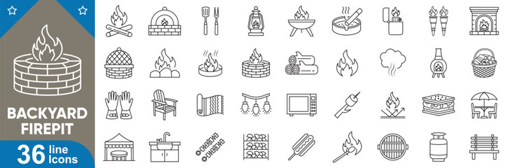 Backyard firepit icons set. Fireplace, burning logs, firewood stack, flame, charcoal, grill grate, camping symbols for garden and patio design. Vector illustration