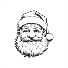 Cute Santa Claus Face Illustration Christmas Cartoon,Hand Drawn Santa Claus Head Outline Vector Art,Winking Santa Claus Face Sketch Holiday Design,Christmas Santa Claus Face Line Art Vector